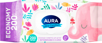 Аура Ультра комфорт салфетки влажные д/детей с крышкой №200
